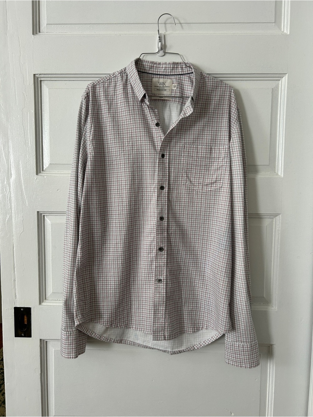 WRK Slim Fit Dress Shirt in Light Gray & Red Check